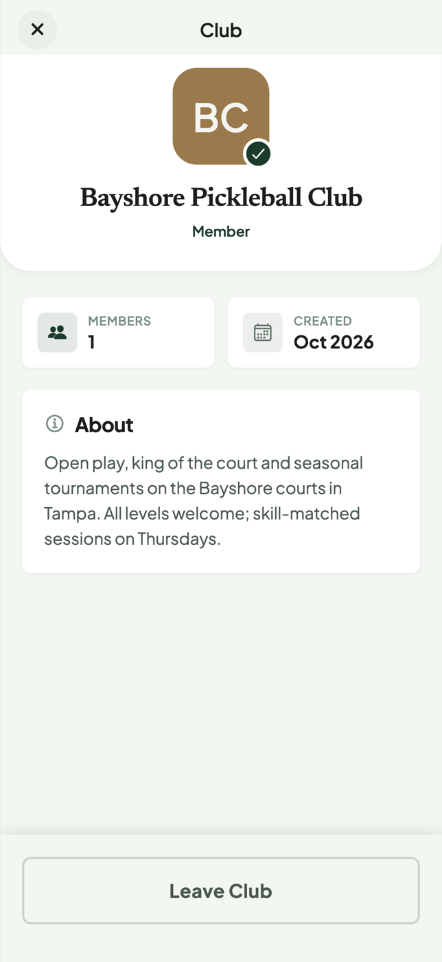 Club page for Bayshore Pickleball Club