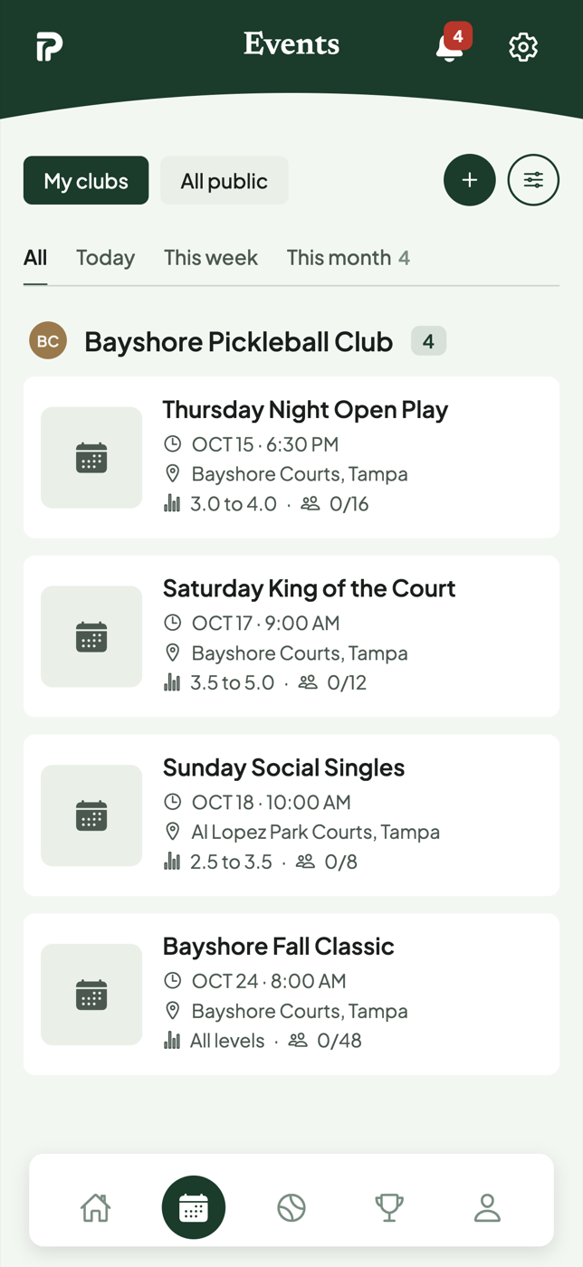 Events screen listing Thursday Night Open Play, Saturday King of the Court and more