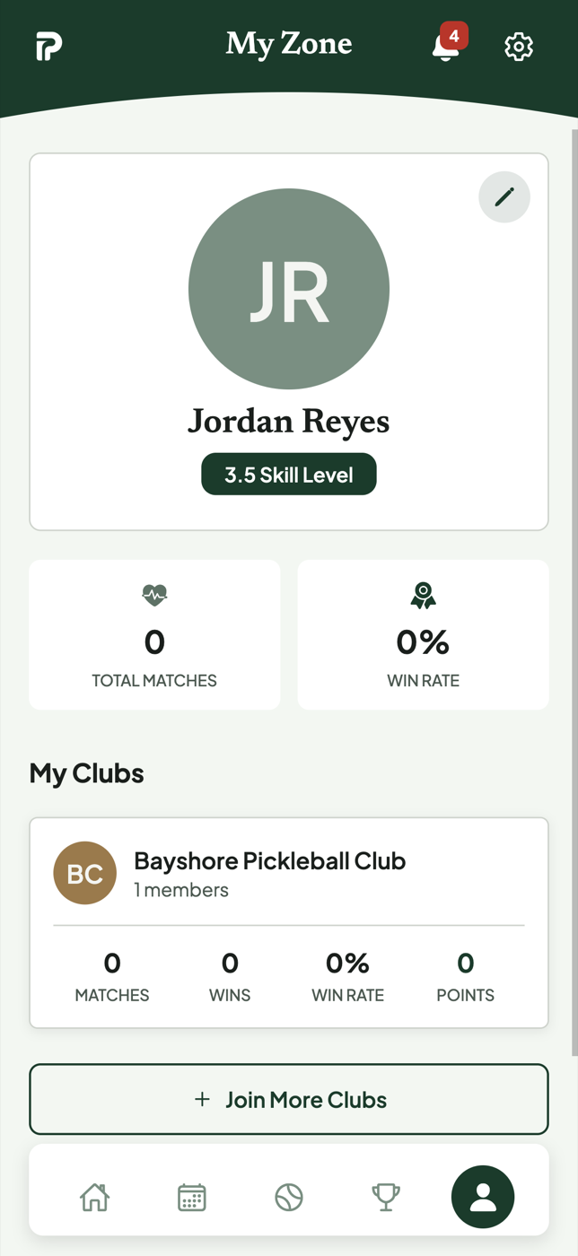 My Zone profile with skill level, matches and win rate